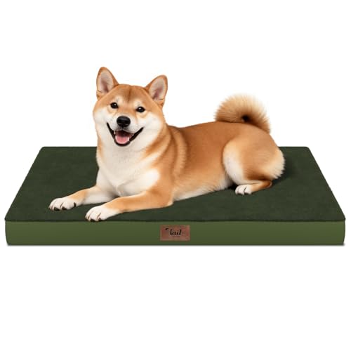 Image of Plush Dog Bed for Medium Dogs, Waterproof Dog Crate Mat Orthopedic Egg Crate Foam Pet Bed with Washable Removable Oxford Cover, Olive Green