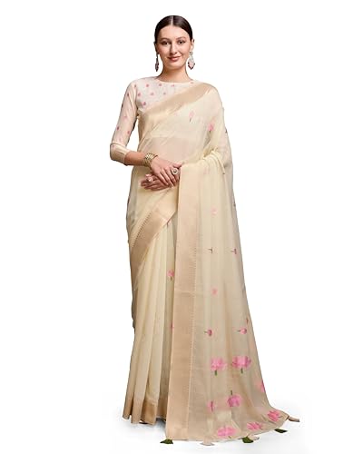 Image of SWORNOF Womens Linen Silk Saree | Saree for Women With Unstitched Blouse | Saree with Blouse Piece | Soft and Skin Friendly