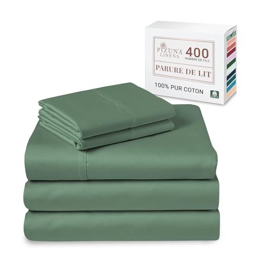 Pizuna Coton Peigné Parure de Lit 180x200 cm Complet Haie Verte, 100% Coton Longue Durée 400 Fils Armure Satin Comprend 1 Drap Housse, 1 Drap Plat, 2 Taie d'oreiller (Coton Draps 2 Personnes)