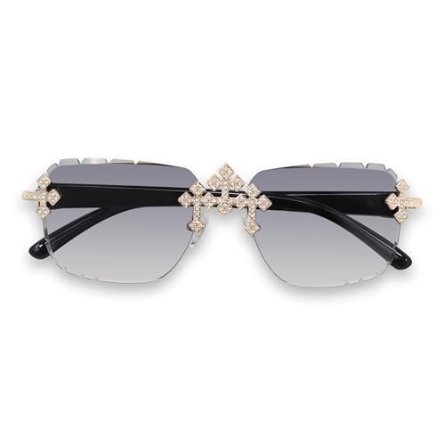Image of Iced-Out Triple Cross Sunglasses - Frameless Diamond-Cut Luxury Shades for Men & Women | UV400 Hip-Hop Eyewear