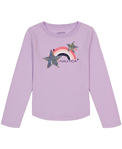 Nautica Girls' Long Sleeve Graphic T-Shirt, Flip Sequin and Glitter Embellishments