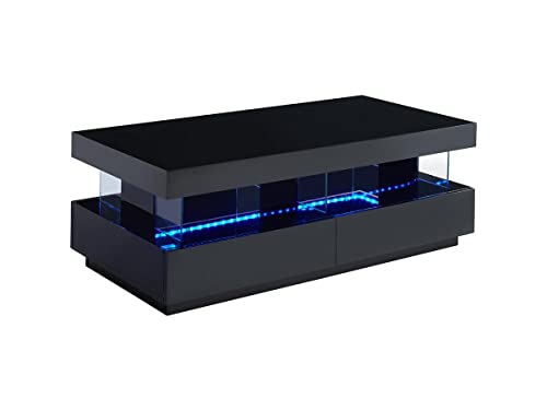 Vente-unique Table Basse 2 tiroirs et 2 niches avec LEDs - MDF et Verre trempé - Noir laqué - Fabio II