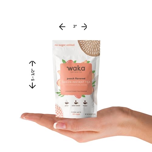 Waka Instant Green Tea Mix, Peach Flavored - 100% Tea Leaves, No Additives, Unsweetened Sample/Travel Size Tea Powder - Easy Quick Hot and Iced Teas, Up to 20 Cups or 5 Quarts (.45oz)