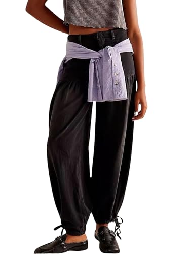ebossy Women's Baggy Barrel Jeans High Waist Lotus Adjustable Drawstring Bow Tie Wide Leg Denim Pants