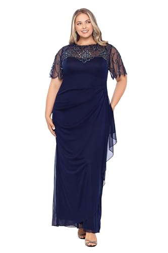 Women's Plus Size Long Beaded Sequin Illusion Neckline Jersey Dress, Navy, 22W