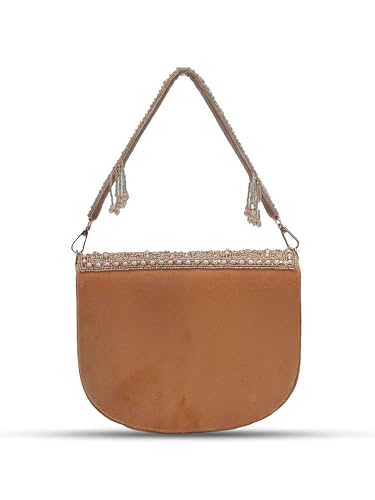 Image of THE TAN CLAN Kavya Beige Flap Over Bag Clutch Purses Luxury Evening Handbags with Handle