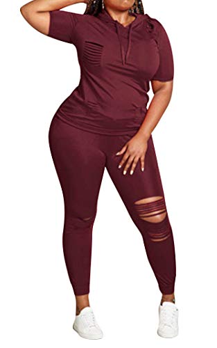 Aro Lora Womens Plus Size 2 Piece Outfit Sportwear Ripped Hole Pullover Hoodie Sweatpants Set Jumpsuit XXXXX-Large Wine Red