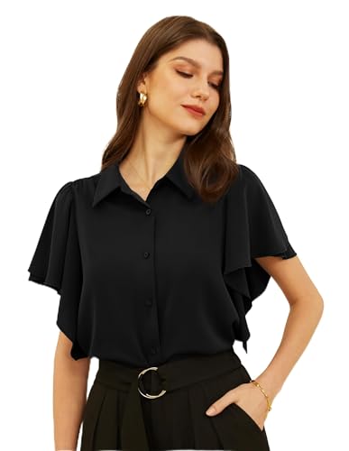Túnica Mujer Elegante Blusa De Doble Capa con Cuello En V Media Manga Camisas Fluidas Top De Manga Ancha De Red Negro L