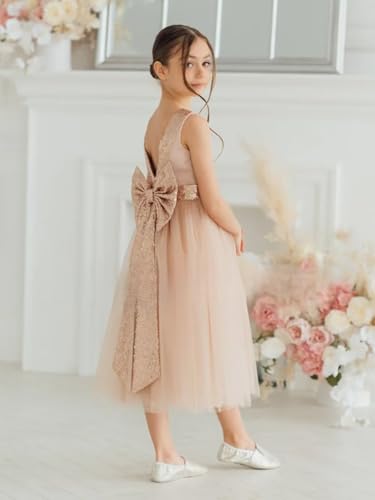 Sequins Sparkle Tulle Flower Girls Dress for Wedding Glitter Sleeveless Bow Knot V-Back Long Princess Pageant Dress3