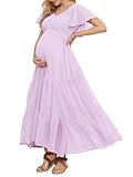 Swiss Dot Smocked Maternity Dress for Baby Shower Photoshoot Casual V Neck Ruffle Sleeve Empire Waist Tiered Boho Dress
