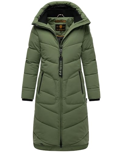 MARIKOO Damen langer Wintermantel warmer Steppmantel mit verstellbarer Kapuze Benikoo Pine Olive Gr. M