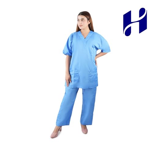 Image of Comfort Scrub Suit for Women - 5-Pocket Set with V Neck Top & Bottom, Half Sleeves, Breathable Fabric - Durable Uniform for Doctors, Nurses, and Dentists in Sky Blue (L, BLUE)