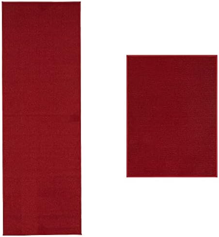Machine Washable Modern Solid Design Non-Slip Rubberback 2x5/2x3 2PCS Set Traditional Runner Rug/Area Rug for Hallway, Kitchen, Entryway, Bathroom, 2 Piece Set - 20" x 59" / 2'3" x 3', Red