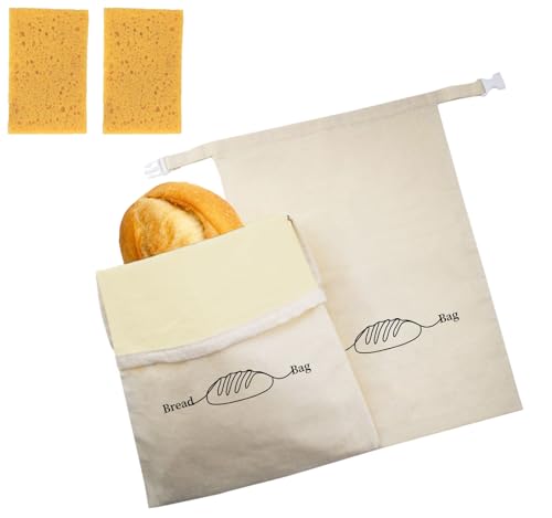 Bread Bags for Homemade Bread 2 Pack, XL Reusable Linen Food Storage Bags with Beeswax Wraps, Freezer Safe, Baking Supplies for Sourdough with Cleaning Brushes, Keep Your Loaf Fresh Eco-friendly