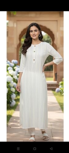 Image of Women's Off-White & Blue Striped Straight Cotton Kurta with Round Neck and Decorative Buttons