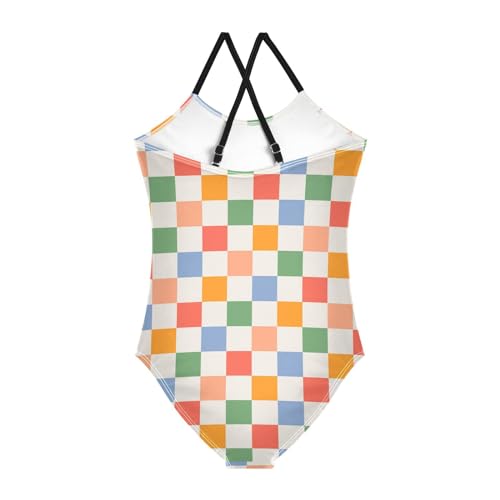 Image of Black and White Chess Girls One Piece Swimsuits Board Marble Tile Sport Halter Swimwear Beach Bathing Suit 3T