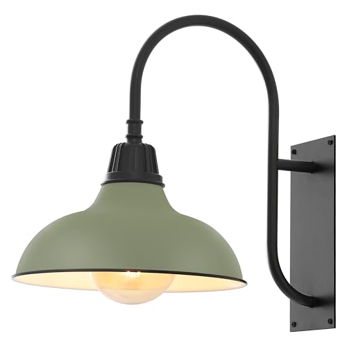 Image of JONATHAN Y 12.25 inch Matte Olive Green /Black 1-Light Farmhouse Gooseneck Outdoor Wall Sconce Lamp, with Black Metal Bowl Shade, Industrial Iron LED Porch Light for Patio Garage Entryway (JYL7614I)