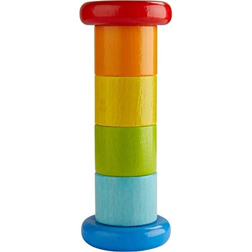 HABA 304817 - Regenmacher Farbenfroh, Baby-Spielzeug mit Rassel-Effekt in Regenbogenfarben, Holzspielzeug ab 6 Monaten
