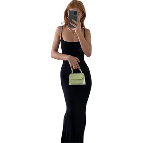 Zempertoopa Women Sexy Bodycon Maxi Dress Ladies Low Cut Spaghetti Strap Dress Sleeveless Sling Long Dress Party Streetwear (Black, M) Cover