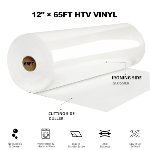Image of FUNKAKA Heat Transfer Vinyl Rolls, 12 inch x 65ft White Iron on Vinyl for Shirt | Glossy HTV Vinyl for All Cutter Machines - Easy to Cut & Weed for Heat Transfer Design