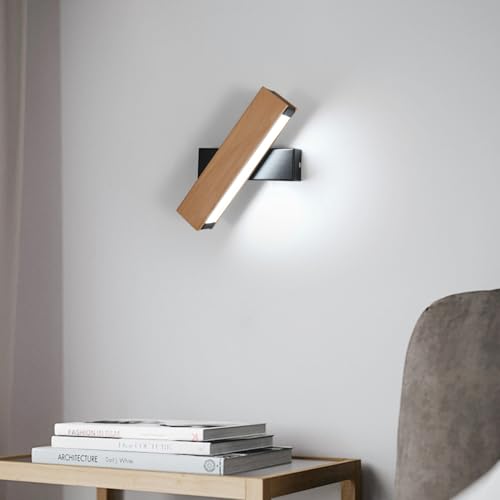 Apliques de Pared Interior, Moderna Lámpara de Pared LED de Madera Giratorio 360°, Luz Blanca Fría 6500K Luz de Pared LED para Salón, Dormitorio, Pasillo, Balcón, Madera Natural