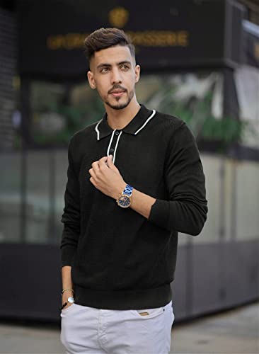 Altairega Pure Cotton Polo Shirts Mens Knit Pullover Sports Casual Long Sleeve Slim Fit Button Athletic Sweater Tops Black L #TOP1