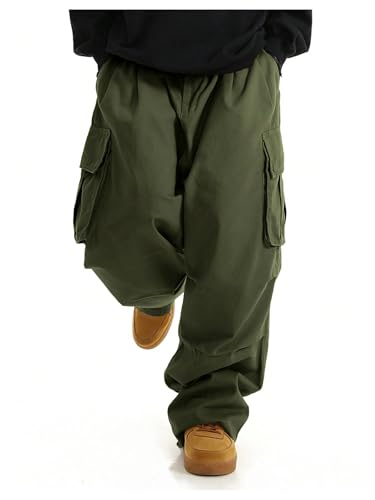 OYOANGLE Men's Drawstring Elastic Waist Flap Pockets Streetwear Baggy Cargo Pants Joggers Hiking Trousers4