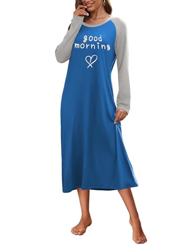 Ekouaer Nattlinnen för kvinnor, långärmad, rund hals, tryck, plusstorlek, mjuka och lätta långa nattkläder, Färg: blå, S