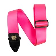 Adjustable length 41 Inch to 72 Inch. Comfortable width at 2 inches wide. Strong and durable neon pink polyester webbing. Premium leather ends. Ernie Ball logo stamped in gold print.