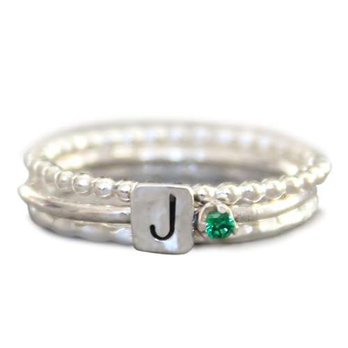 14K Gold Initial Birthstone Rings for Women Non-tarnish Trendy 925 Sterling Silver Stackable Custom Letter Rings Birthday Valentine's Day Mother's Day Gifts for Women Mom Wife Daughter Bridesmaid