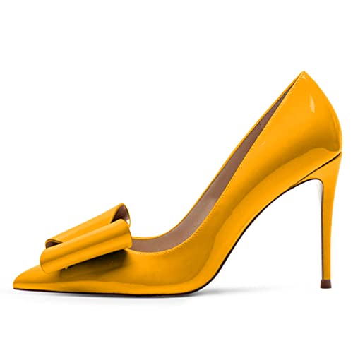 YDN Women Elegant Stiletto High Heel Pumps Pointed Toe Slip on Dress Sandal Shoes Slide Patent Leather with Bow Shoes for Office Ladies Size 4-15 US2