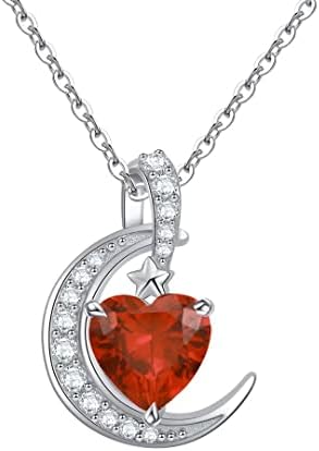 Qings Birthstone Necklace Crescent Moon - Sterling Silver 925 Heart Pendant Dainty Halo Necklaces Birthstones Jewelry Gifts for Women Wife Girls