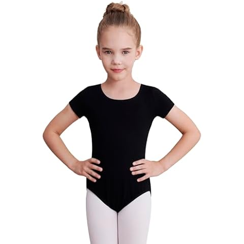 WEGETIT Gymnastics Leotards for Girls Ballet Dance Toddler Leotard Short Sleeve Bodysuit (Black, 4-6 Years) Cover