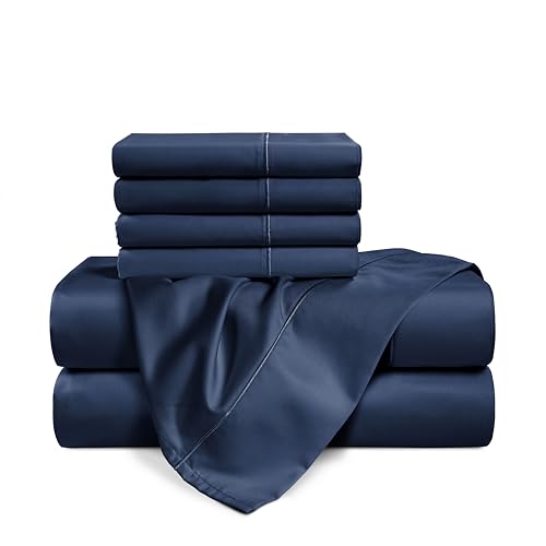 Casa Platino 100% Egyptian Cotton Sheets Full Size Set - 6 Pcs (1 Flat, 1 Fitted, 4 Pillowcases)- Ultra Smooth Sateen Weave Bed Sheets Set with 15" Deep Pockets - Navy Blue