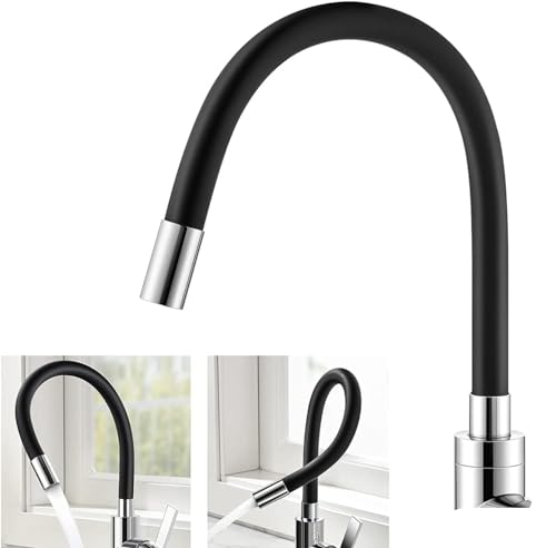 RRMMAN Mitigeur d'évier flexible, Bec long, Robinet de cuisine en acier inoxydable flexible noir rotatif à 360° - Levier unique, eau froide et chaude