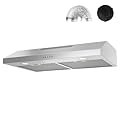 Alemania 30 Inch Under Cabinet Range Hood, Stainless Steel Kitchen Exhaust Fan 300 CFM, Ducted/Ductless Convertible Stove Vent Hood with Charcoal Filter & Aluminum Exhaust Pipe