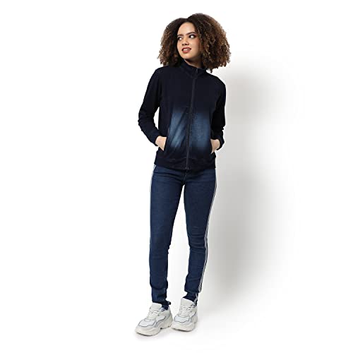 Image of Campus Sutra Women Dark-Washed Blue Denim Regular Fit Zipper Sweatshirt For Winter Wear | Full Sleeve | Cotton Sweatshirt | Casual Sweatshirt For Woman | Western Stylish Sweatshirt For Women