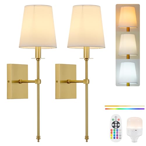 Image of PASSICA DECOR Battery Operated Wall Sconce Set of Two, with Dimmable Rechargeable Light Bulbs,Wireless Wall Lights Remote Control, 15 Colors, Easy to Install Lights for Bedroom Living Room