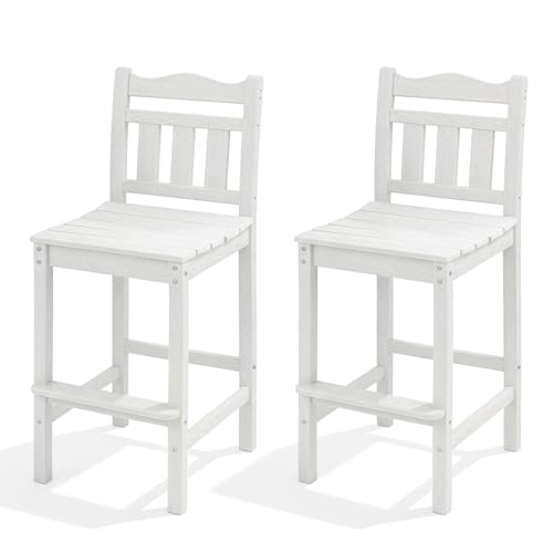 Image of Outdoor Bar Stools Set of 2, HDPE Tall Adirondack Bar Chairs 27.5 Inch Seat Height w /Backrest, All Weather Patio Bar Height Chairs for Bistro Balcony Deck Poolside (White)