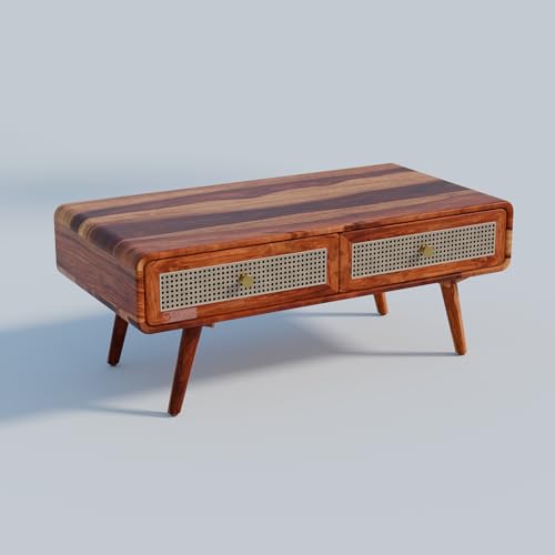 Image of DRIFTINGWOOD Amber Mid-Century Modern Solid Sheesham Wood Coffee Table - Wooden Center Table for Living Room with 2 Rattan Storage Drawers, Honey Finish