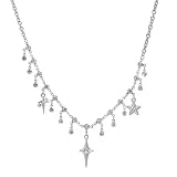 Jazuaiao Collar de estrella de cuatro puntas con circonitas cúbicas, cadena de cuello, joyería de regalo, puede combinar con todos los escotes para un accesorio de aleación de metal seguro