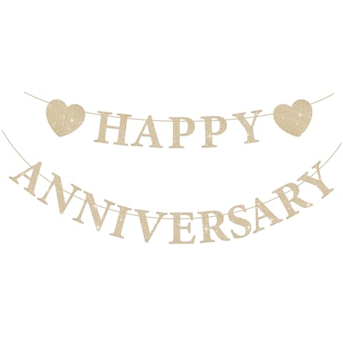 SerpizePaty Pre-Strung Wedding Anniversary Decorations Romantic Gold Glitter Happy Anniversary Banner Couples Shower Decorations for Happy Wedding Reception Day Bridal Shower Party