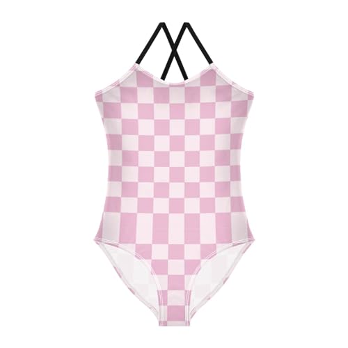 Pink White Checkered Girls One Piece Swimsuits Sport Halter Swimwear Beach Bathing Suit 9-10T