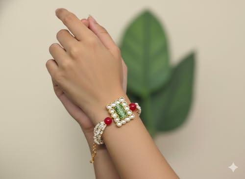 Image of Traditional Kundan Bracelet with Pearl Beads, Red Stone Accents, Green Enamel Centerpiece, Gold Tone
