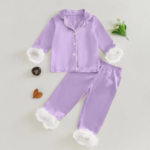 Girls Christmas Silk Satin Sets Clothes 𝐏ajamas Solid Long Sleeve Tops Pants Feather Trim Warm Fall Winter3