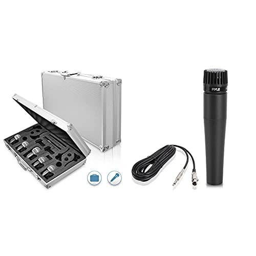 Pyle-Pro 7-Piece Wired Dynamic Kit-Kick Bass, Tom/Snare & Cymbals Microphone Set-For Drums, Vocal & Professional Handheld Moving Coil Microphone - Dynamic Cardioid Unidirectional Vocal, #TOP19