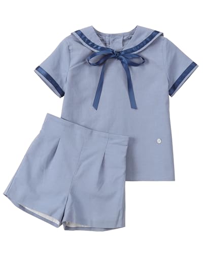 [THREE SAILORS] 海軍風子供服2着のスーツ男の子水夫襟綿純袖ワンピース幼稚園服制服春服です