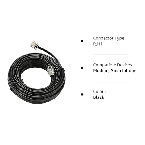 Image of Telephone Cable Extension Cord 2 Pin, 1 Line Rj11 Male To Male Cable Line Or Landline, Phone, Modem Or Fax Machine (Black) (1.5Ft Coiled)