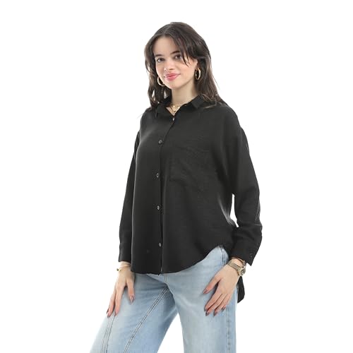 Classic Button-Down Shirt, Women's Long Sleeve, Relaxed Fit, Linen (BLACK, L)