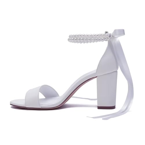 Image of Pearl Wedding Shoes Open Toe Block Heel Wedding Sandals Chunky Heel Bridal Shoes